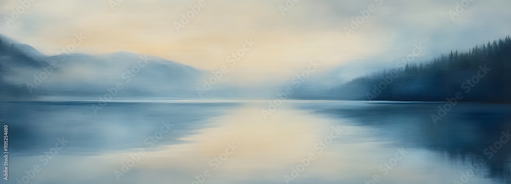 27. A peaceful lake at dawn with fog over the water and an expansive view, leaving room for text 27. A peaceful lake at dawn with fog over the water and an expansive view, leaving room for text