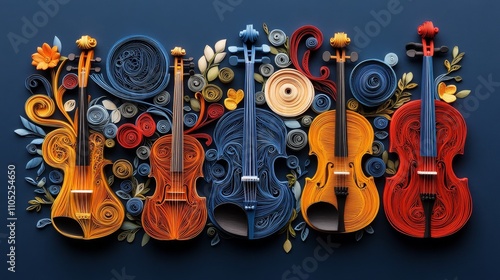 Colorful paper quilling of string instruments music on dark blue background, golden tones