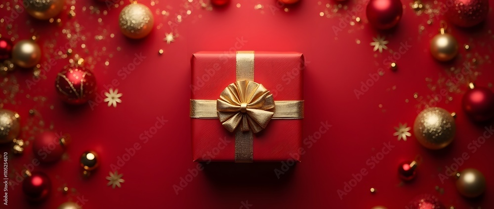 Festive Red Gift Box with Golden Ribbon and Christmas Ornaments on Red Background, Holiday Celebration Concept Festive Red Gift Box with Golden Ribbon and Christmas Ornaments on Red Background, Holiday Celebration Concept