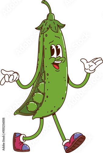 Cartoon groovy green pea vegetable character. Isolated vector green pod retro personage with expressive eyes, wearing vintage sneakers, walking and gesturing confidently with funky hippie y2k vibe