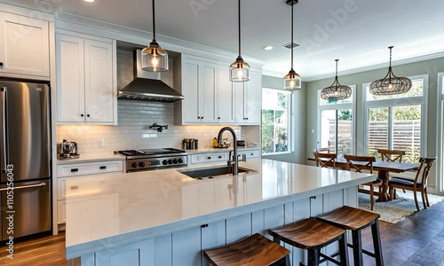 Modern kitchen with white cabinetry and an island, featuring pendant lighting and bar stools.