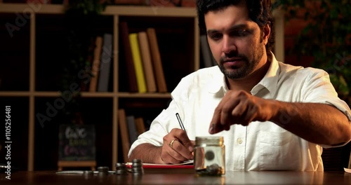 Indian Asian bearded young man sitting at a desk at home, making a checklist, counting coins, and carefully placing them in a glass jar as part of financial planning photo