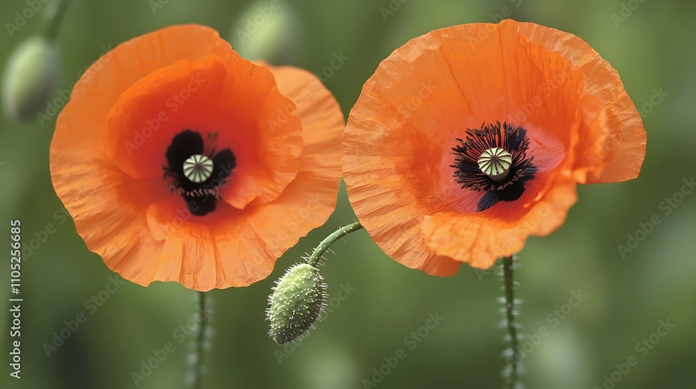 Fototapeta premium Photo of a poppy flower, with vibrant orange petals against a soft green background, symbolizing spring and the hope it brings