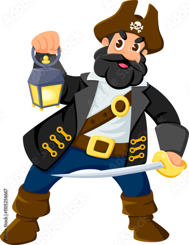 Cartoon pirate, privateer bandit cheerful character. Corsair sailor skipper cute isolated vector personage, filibuster bandit boatswain mascot or Caribbean pirate captain with sword and lantern