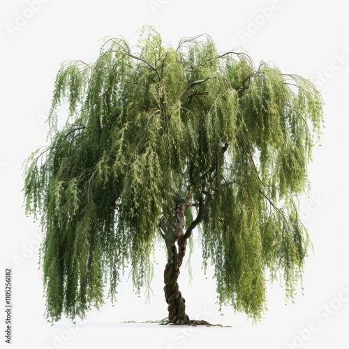 A majestic weeping willow tree with long, cascading branches and a twisted trunk, isolated on a white background. photo