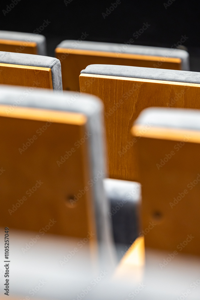 Rows of empty seats in a cinema hall - close-up with shallow depth of field. View of the back part made of light plywood.