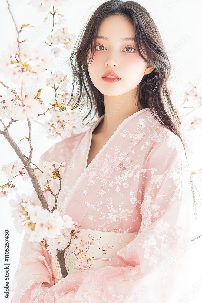 Fototapeta premium Young woman wearing a delicate pink kimono, surrounded by blossoming cherry flowers, evoking a serene and elegant atmosphere in a soft, dreamy setting.