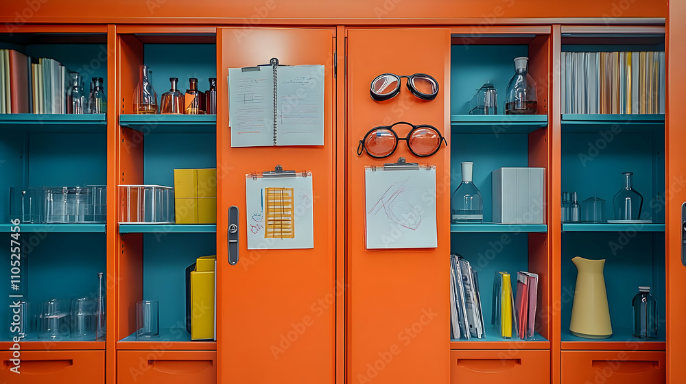 Teal and Orange Cabinet Illustration: Organized Storage, Glasses, Papers Teal and Orange Cabinet Illustration: Organized Storage, Glasses, Papers