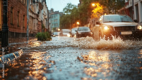 Rainstorm Causing Flooded Street with Cars Splashing Through Water on a Gloomy Day in Urban Environment, Showcasing the Effects of Heavy Rainfall and Urban Drainage Issues