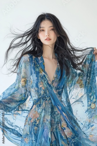 Ethereal Beauty in Flowing Floral Dress Captured Against Soft Background, Emphasizing Grace and Elegance with Gentle Movement of Hair and Fabric