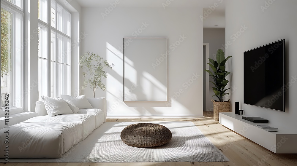 White minimalist living room with a single, bold statement piece. White minimalist living room with a single, bold statement piece.