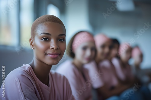 A group of women in matching outfits, smiling and seated in a bright, modern space.