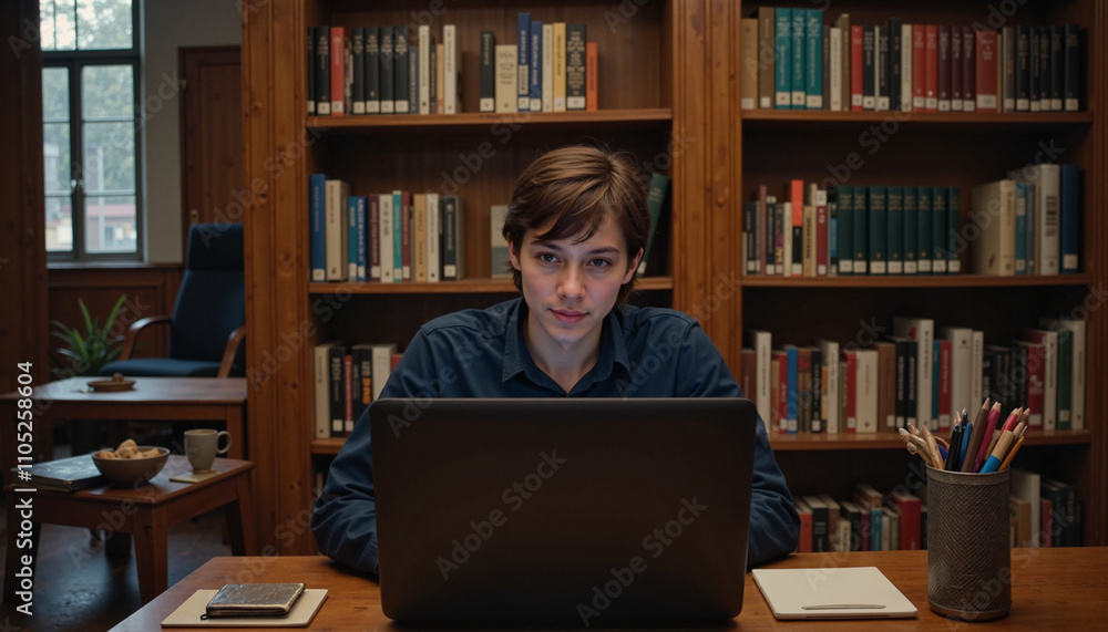 Focused young man studying on laptop in quiet library Focused young man studying on laptop in quiet library