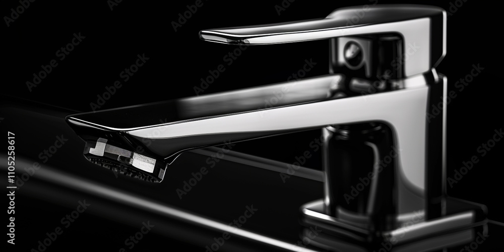 Modern chrome faucet on a black background.

