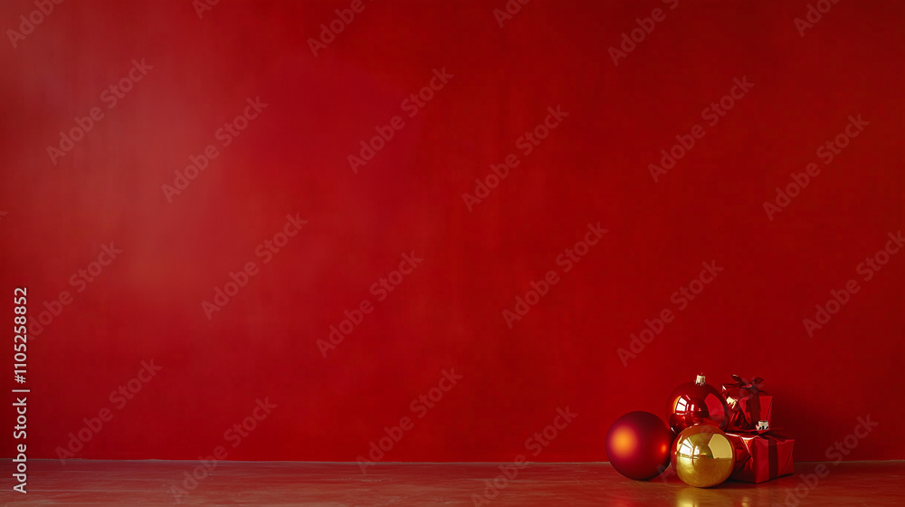 Esferas navideñas rojas y dorada sobre superficie con fondo rojo minimalista Esferas navideñas rojas y dorada sobre superficie con fondo rojo minimalista
