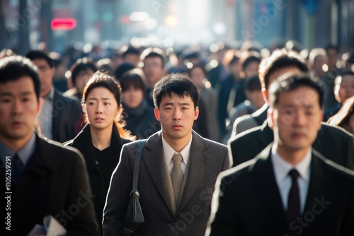 Asian business commuters walk busy city street. People hurry to work. Urban scene. City life. Commuter traffic. Everyday routine. Business attire. Modern life. Focus on commuters faces. Street scene.