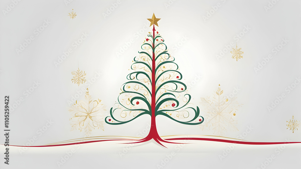Christmas card design of a tree with a star on top, simple line-drawn tree, soft beige background, and subtle snowflakes Christmas card design of a tree with a star on top, simple line-drawn tree, soft beige background, and subtle snowflakes