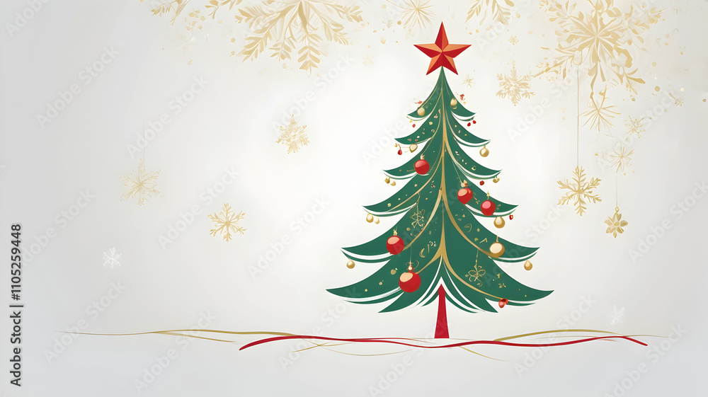 Christmas card design of a tree with a star on top, simple line-drawn tree, soft beige background, and subtle snowflakes Christmas card design of a tree with a star on top, simple line-drawn tree, soft beige background, and subtle snowflakes
