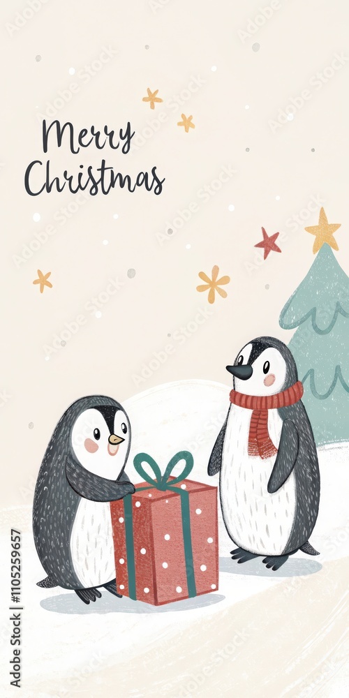 Obraz premium cute cartoon penguin with gift box merry christmas background