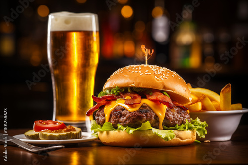  A delicious burger with a beer and fries on the table. photo