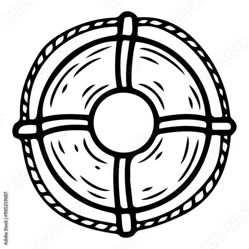 Lifebuoy hand drawn doodle. Ship equipment. Item to help drowning people. Round float. Support, protection. Saving lives. Swimming in the ocean. Sea voyage. Adventure. Vector line art illustration.