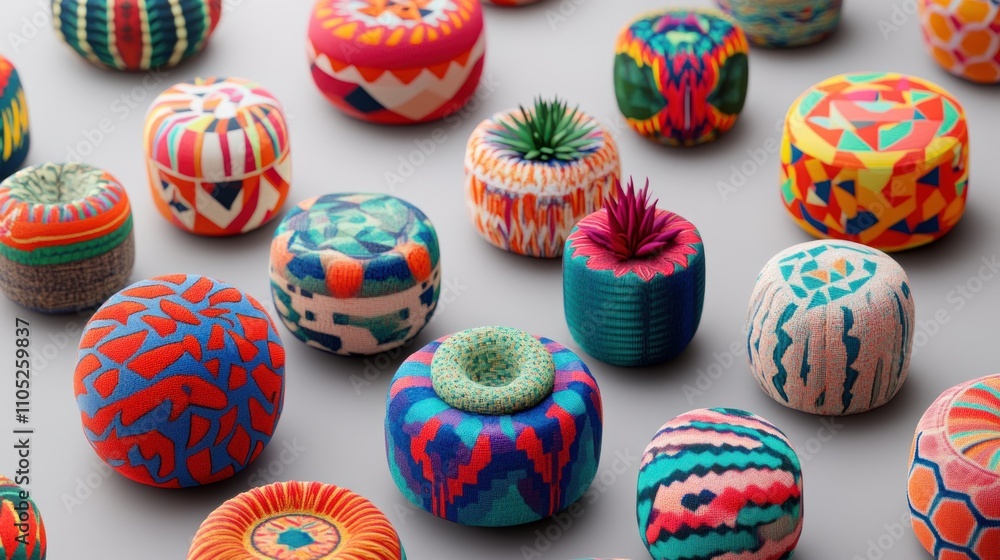 Colorful patterned textile objects arranged on a gray surface Colorful patterned textile objects arranged on a gray surface