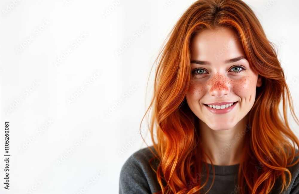 Close-up portrait of young woman with bright red hair, freckles. Smiles warmly at camera, natural beauty, confidence. Expression displays happiness, well-being. Wearing grey sweater. White background Close-up portrait of young woman with bright red hair, freckles. Smiles warmly at camera, natural beauty, confidence. Expression displays happiness, well-being. Wearing grey sweater. White background