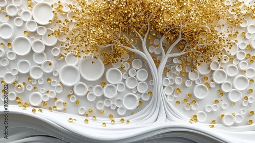 Fototapeta Naklejka Na Ścianę i Meble -  White and gold 3D tree mural wallpaper. Abstract design with golden leaves and white circles. Modern and elegant art. Decorative wall mural. Ideal for living rooms or interior design.