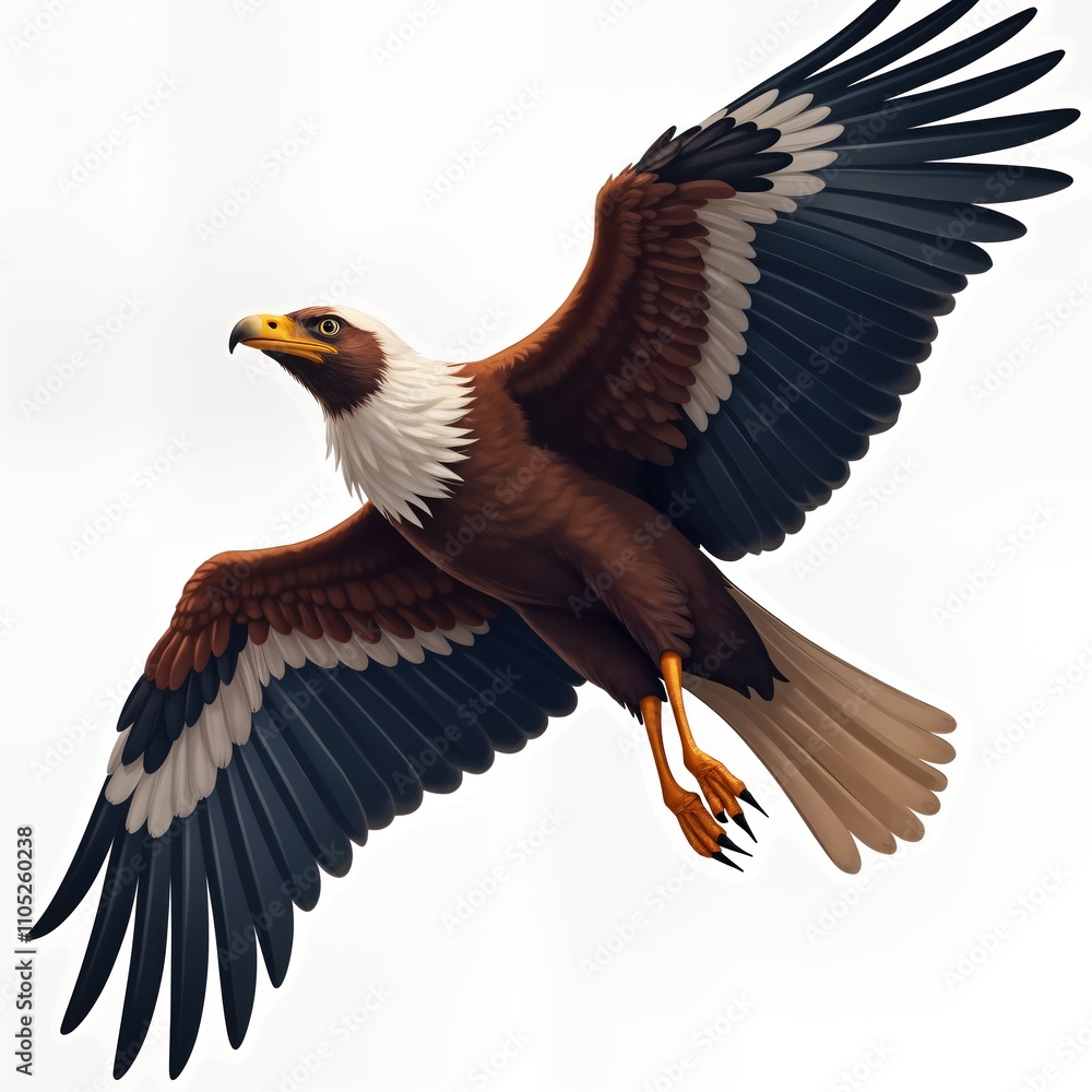Obraz premium Majestic bird soars freely through air. Powerful wings spread wide. Bird plumage brown, white. Powerful hunter in flight. Wild animal. Strong bird. Natural scene. Wildlife photo. Avian predator.