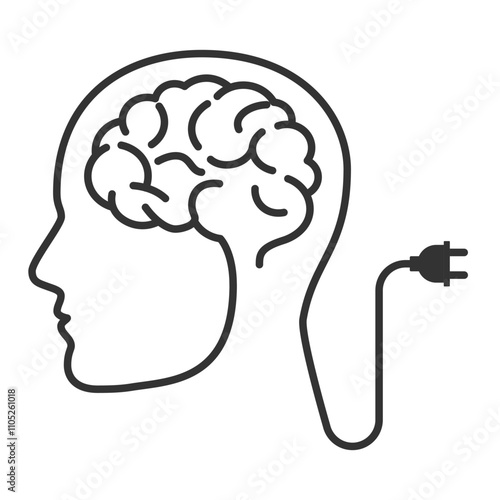 Brain plugged into a socket. Concept of artificial intelligence. Editable vector lines. Merging human intelligence and technology, development of artificial intelligence and cybernetic systems.