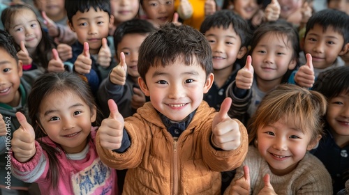 Group of Diverse Happy Children Smiling and Giving Thumbs Up, School Portrait Concept