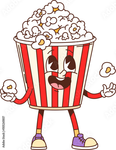 Cartoon groovy fast food popcorn character. Fast food menu meal funny funky personage, cinema snack cheerful 60s 70s cartoon isolated vector mascot. Takeaway popcorn bucket happy smiling character