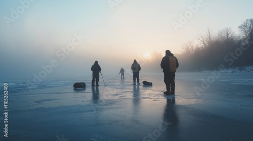 Ice Fishing in Late Winter: anglers patiently waiting for a catch amidst a frozen lake