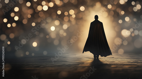 Mysterious figure with a cape amidst glowing bokeh lights photo