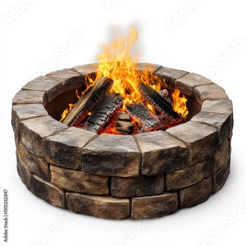 Circular brick fire pit with intense flames and charred wood pieces inside, isolated on white photo