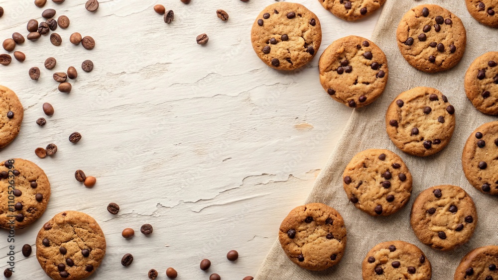 Sweet Chocolate Chip Cookies and Coffee Beans on a Rustic Table Sweet Chocolate Chip Cookies and Coffee Beans on a Rustic Table