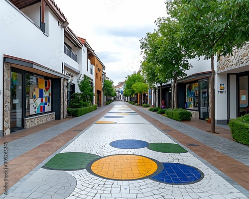 Eco cityscape eco friendly concept, A charming pedestrian street featuring colorful geometric patterns and greenery, lined with shops and cafes, inviting leisure strolls. photo