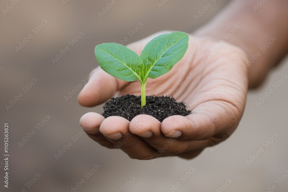 Environmental consideration concept, A hand holds a small sprout with green leaves emerging from dark soil, symbolizing growth, nature, and nurturing new life. Environmental consideration concept, A hand holds a small sprout with green leaves emerging from dark soil, symbolizing growth, nature, and nurturing new life.