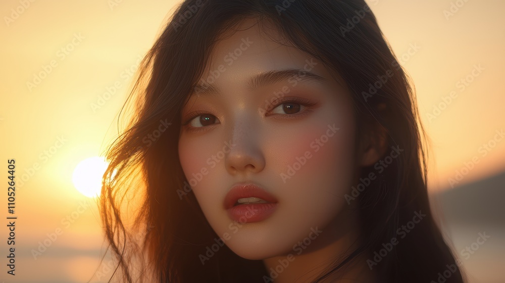 A serene portrait of a young woman against a vibrant sunset, capturing the warmth of the golden hour and her natural beauty. A serene portrait of a young woman against a vibrant sunset, capturing the warmth of the golden hour and her natural beauty.