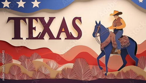 Enigmatic cowboy on horse beneath rich Texas stars. bold Texas text, arid desert plants, swirling night sky. western heritage, open spaces, traditional attire showcased vividly. photo