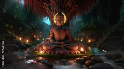 buddha statue under tree at night, glowing mandala, butterflies, nature forest, candles, lights, flowers, lotus, dream