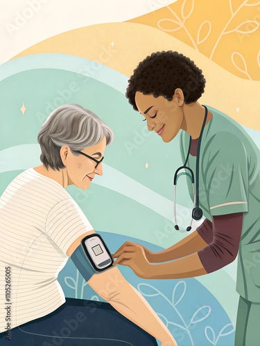 Elderly caucasian woman receives care from african female nurse in medical setting