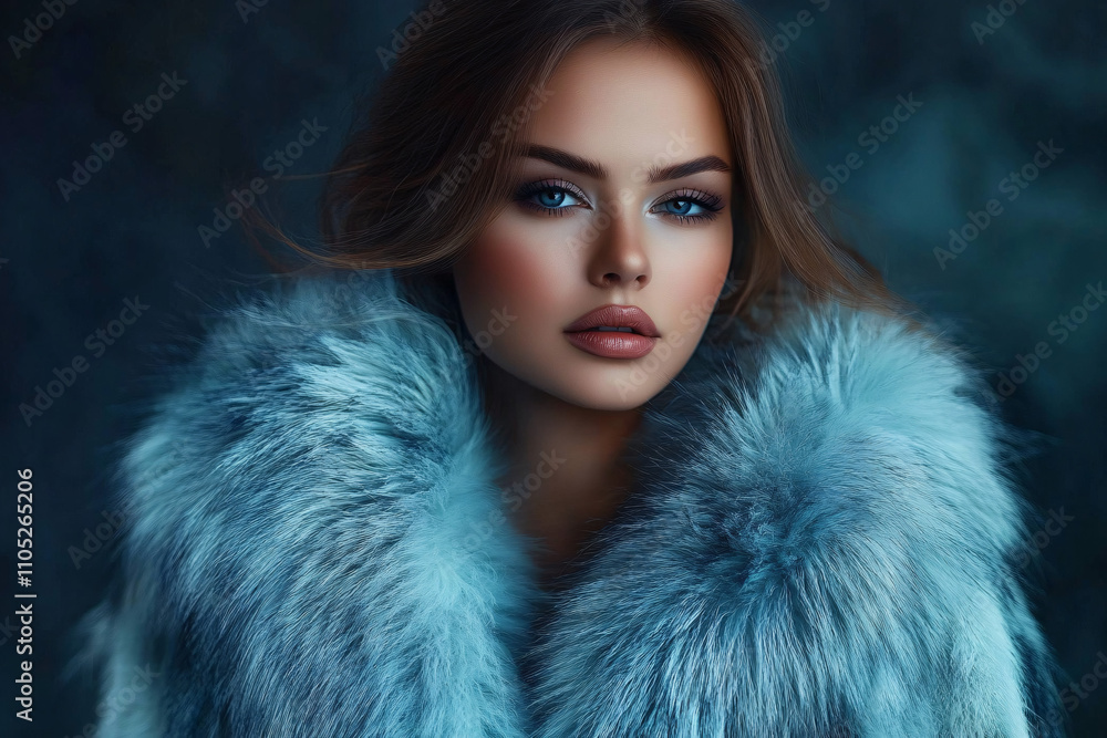 Sophisticated portrait of a woman in a luxurious light blue fur coat, ideal for fashion campaigns, winter marketing, or luxury brand promotions. Sophisticated portrait of a woman in a luxurious light blue fur coat, ideal for fashion campaigns, winter marketing, or luxury brand promotions.