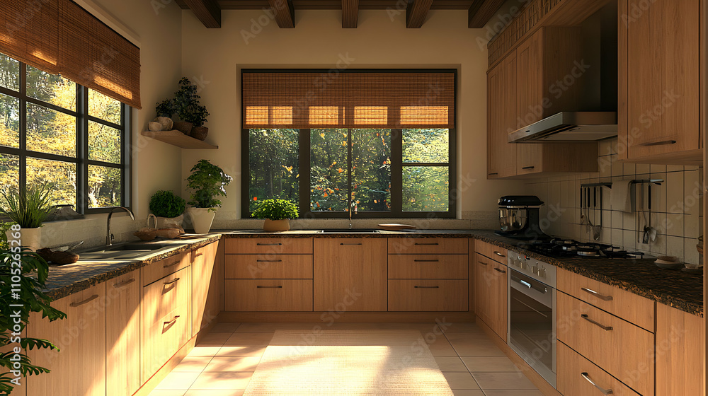 Sunlit Modern Kitchen with Wooden Cabinets and Natural Light Streaming Through Large Windows, Creating a Warm and Inviting Atmosphere. Sunlit Modern Kitchen with Wooden Cabinets and Natural Light Streaming Through Large Windows, Creating a Warm and Inviting Atmosphere.