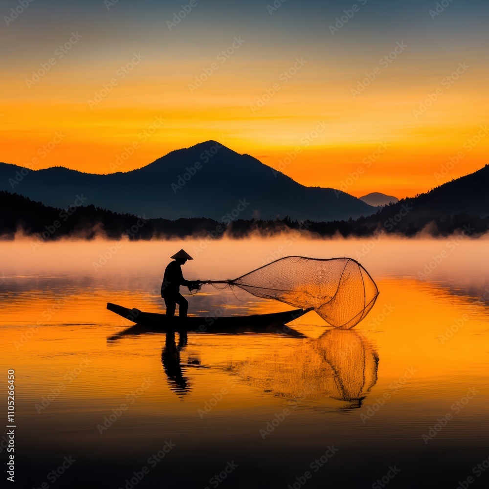 A serene silhouette of a fisherman casting a net at dawn, surrounded by misty mountains and a warm, golden sunrise reflecting on calm waters. A serene silhouette of a fisherman casting a net at dawn, surrounded by misty mountains and a warm, golden sunrise reflecting on calm waters.