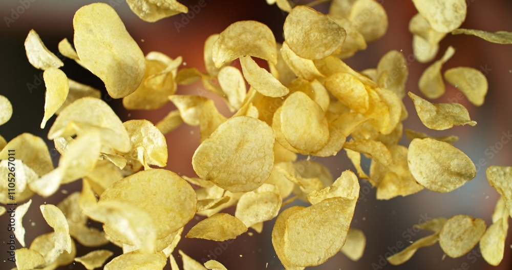 Flying Potato Chips, Fried Potatoes Flying up in the Air. Flying Potato Chips, Fried Potatoes Flying up in the Air.