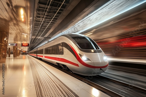 High-Speed Train Arriving at Modern Urban Station with Dynamic Motion Blur Capturing Energy and Speed in Contemporary Transport Infrastructure