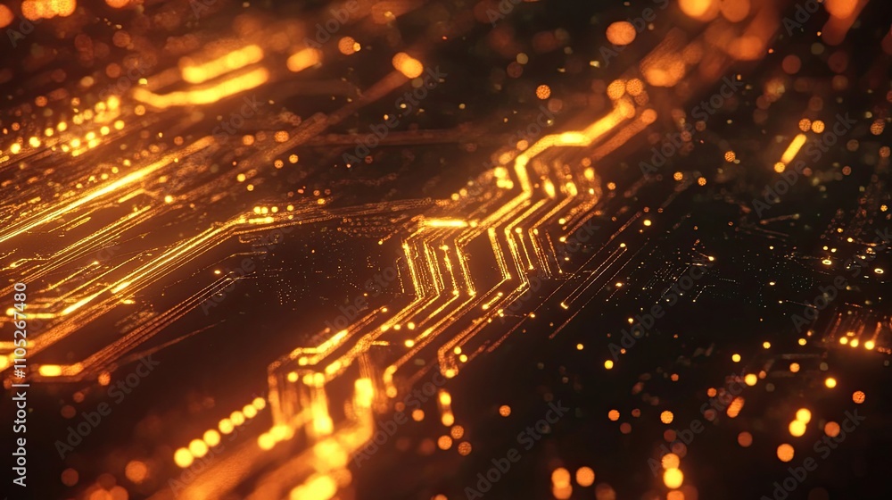 Fototapeta premium Abstract digital art depicting glowing circuit board pathways. Warm orange hues illuminate the intricate network.