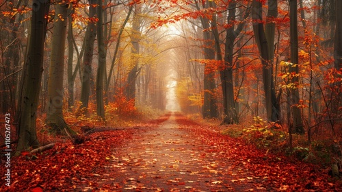 A serene forest in autumn, filled with vibrant red, orange, and yellow leaves. Golden sunlight filters through the canopy, while a carpet of fallen leaves covers the ground, creating a peaceful retrea photo