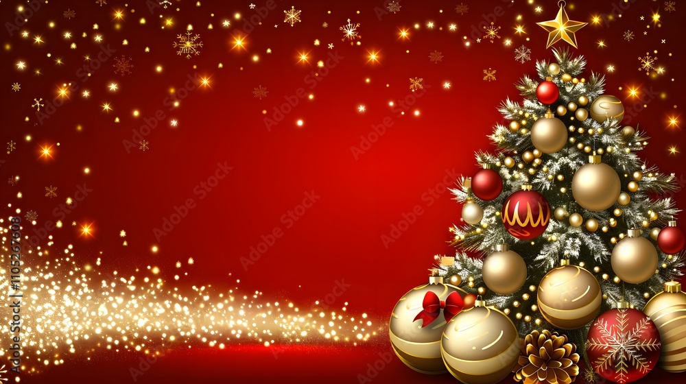 Festive Christmas tree with ornaments on red background. Festive Christmas tree with ornaments on red background.